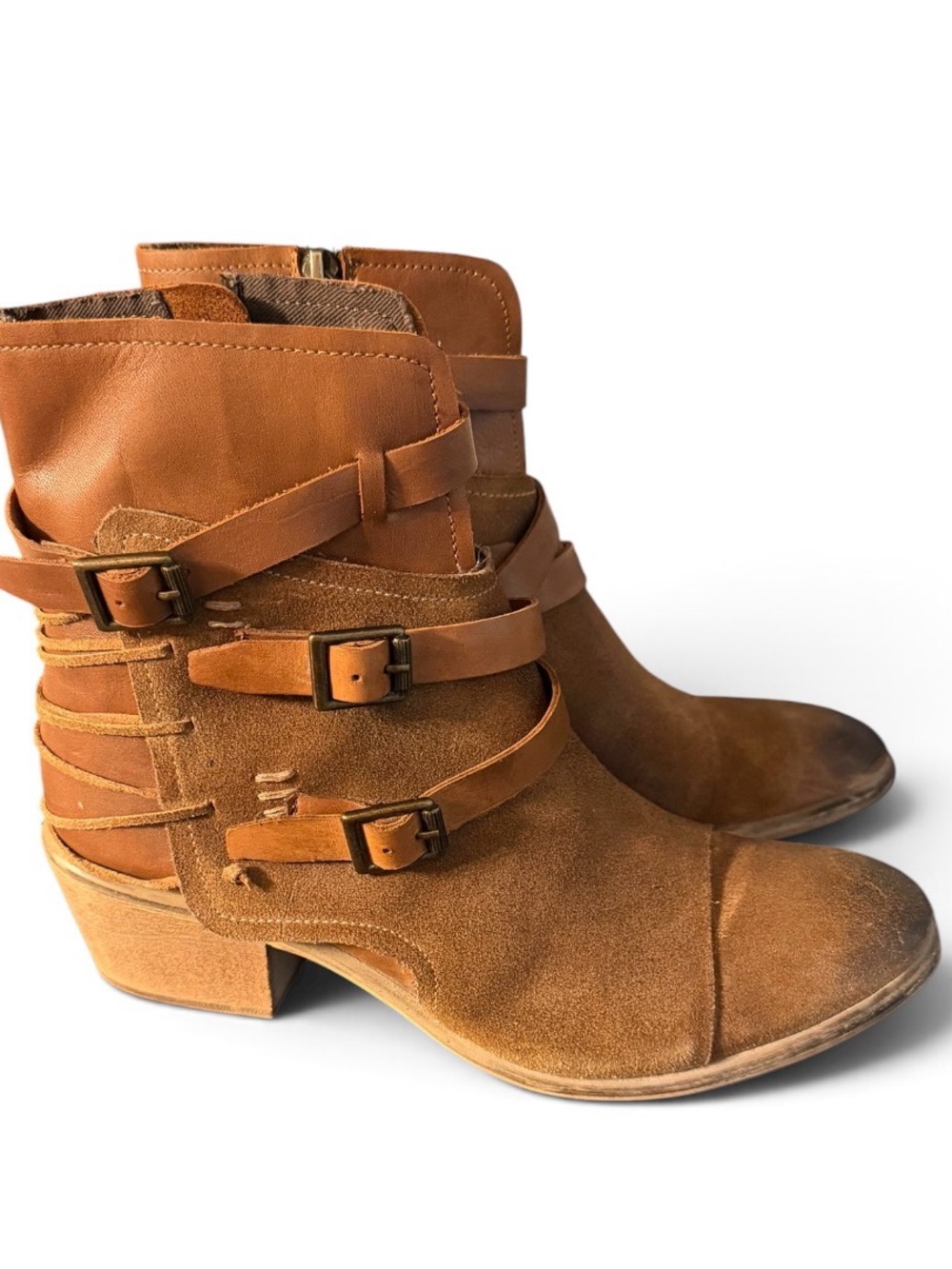 ROAN by Bed Stu Women's Brown Suede Ankle Biker Boots Buckle Strap Zip US 7.5
